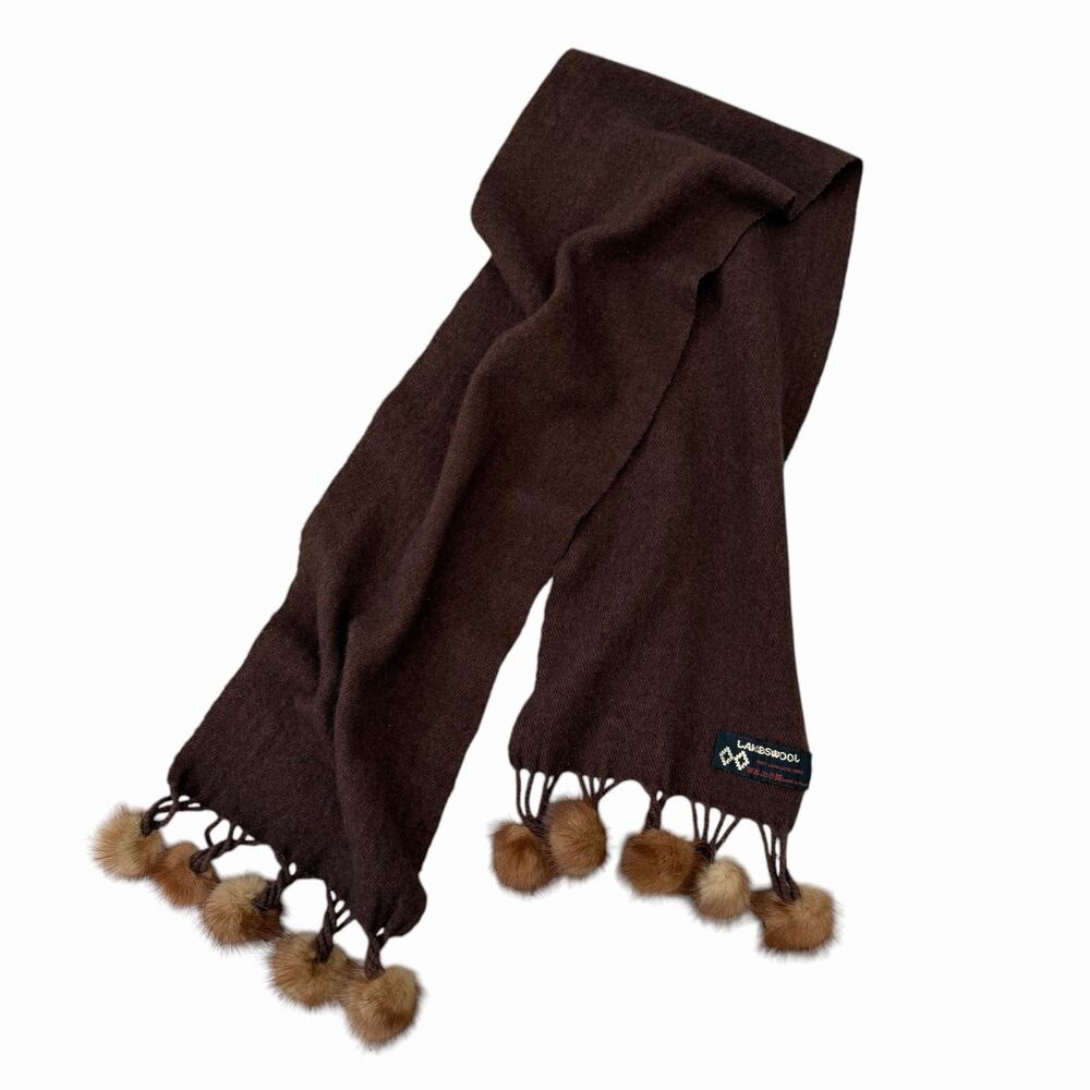 Vintage Brown Lambswool Scarf With Mink Fur Pom Poms